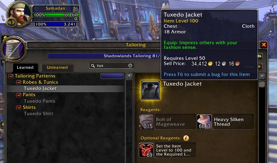 Vendor Flipping Issues With Shadowlands Relics Of The Past Items Tuxedo Jacket Sells For 34k Gold Wowhead News