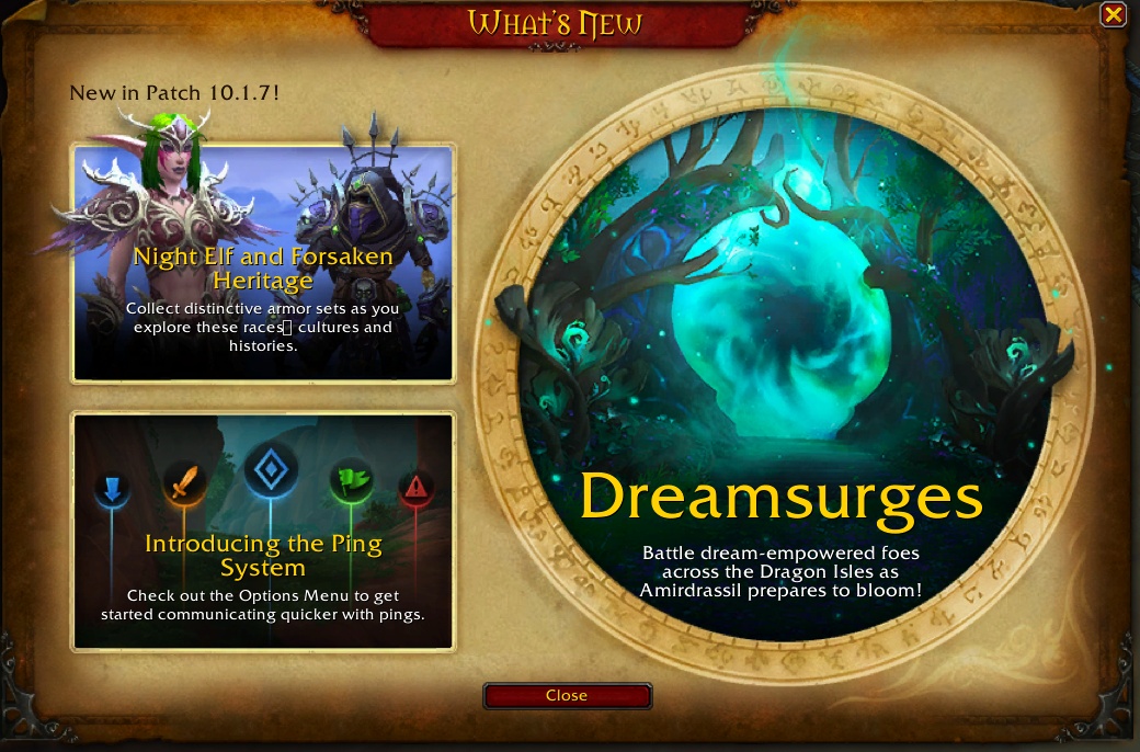 Patch 10.1.7 Splash Screen Highlighting Heritage Armor, Dreamsurges ...