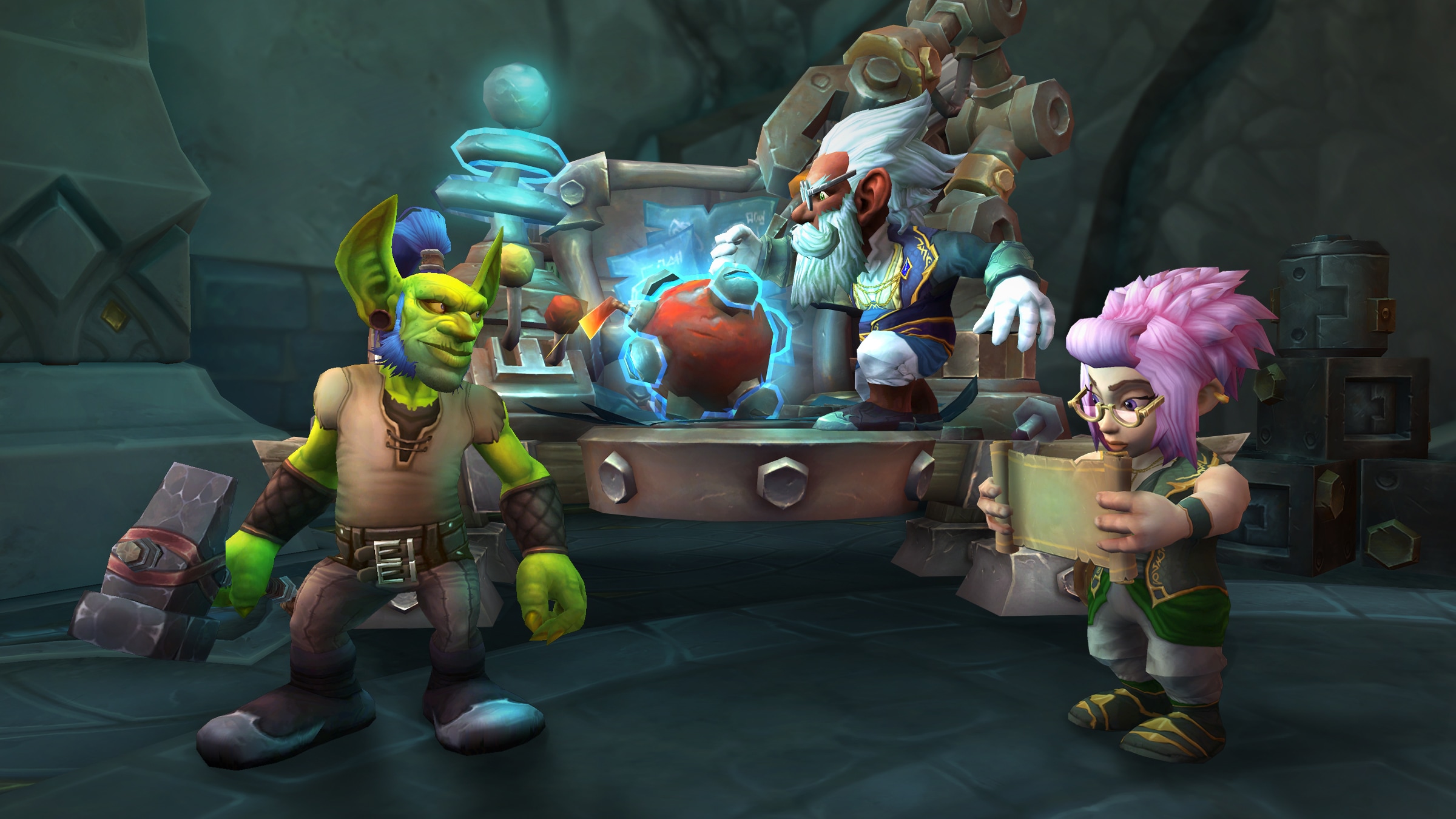 Goblin and gnome artisans working at a workbench