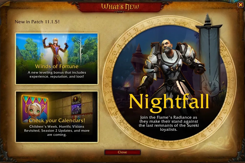 New patch 11 1 5 ptr splash screen featuring nightfall event