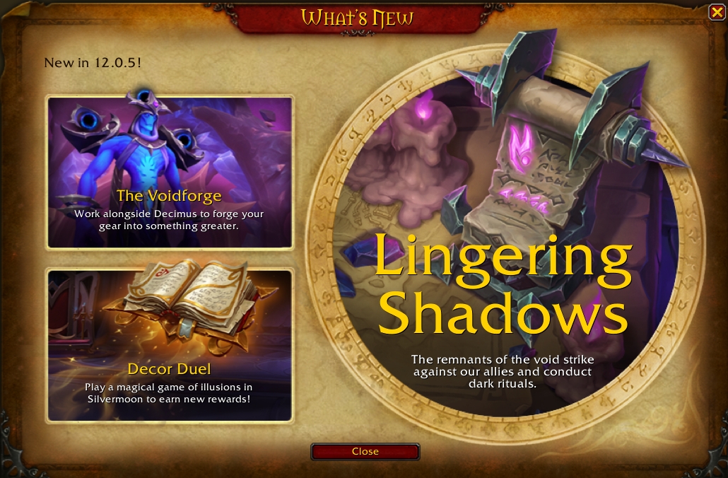 New Patch 12.0.5 Splash Screen: The Voidforge, Decor Duel & Lingering Shadows