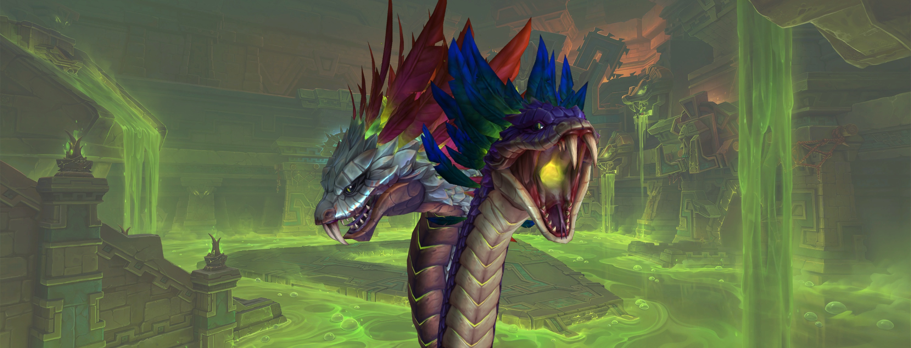 The red and blue Twin Fangs rise above a venom-filled raid chamber.