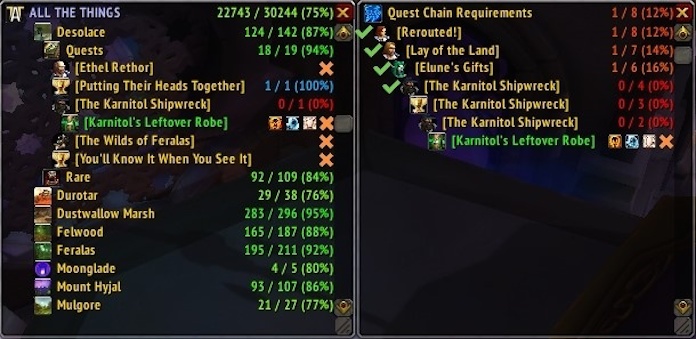 wow all thing addon x and checkmark over item