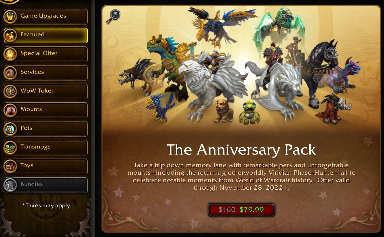 World of Warcraft Deluxe Edition Mount Bundle - Anniversary Pack November 28th -