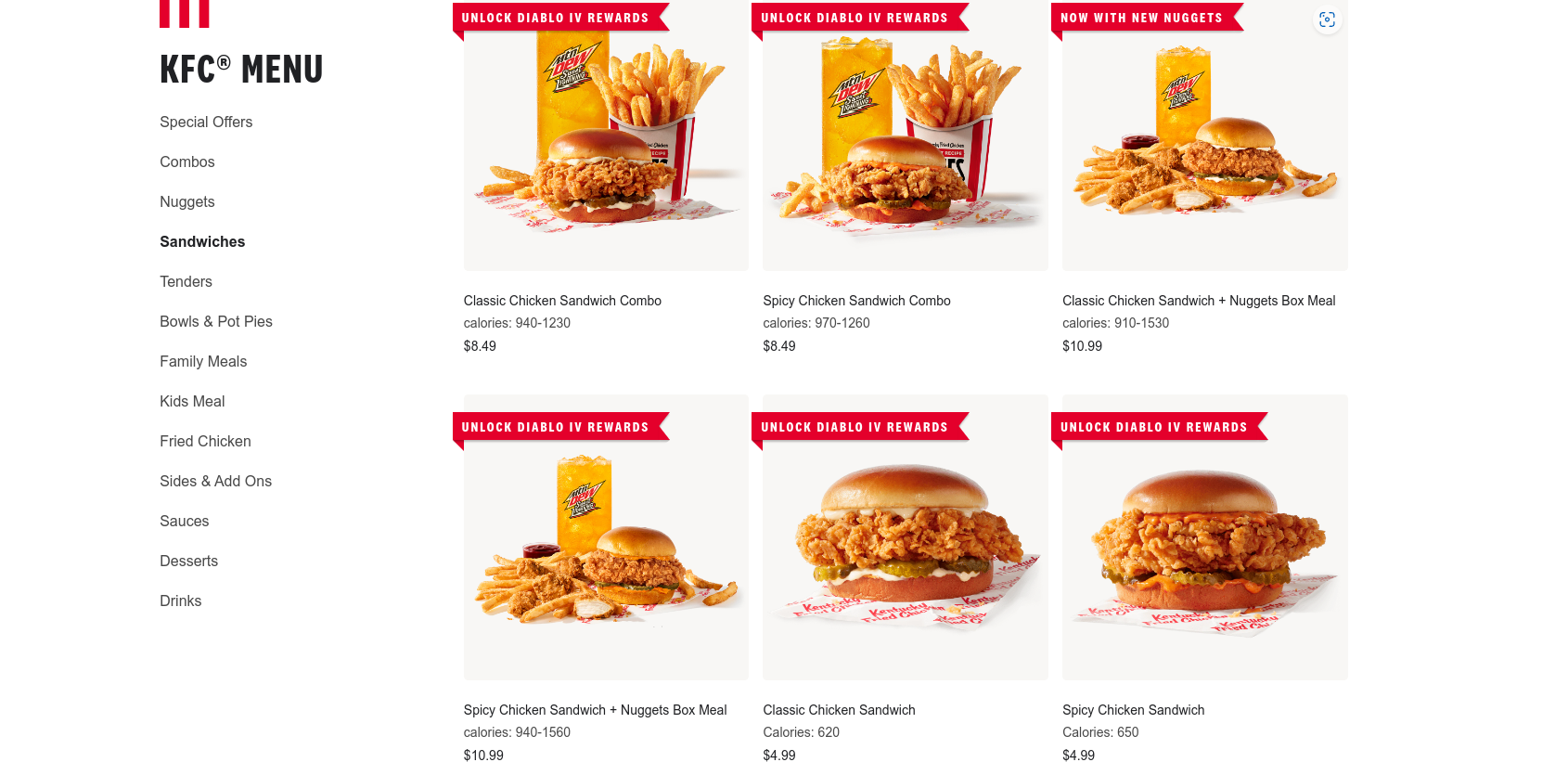 kfc menu prices