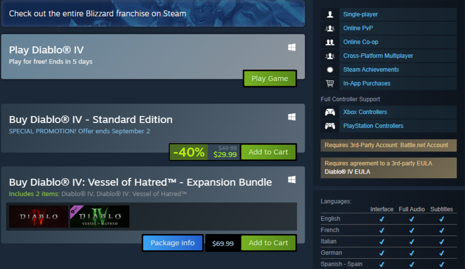 Diablo 4 Free to Play on Steam Until August 27th - 40% Discount 
