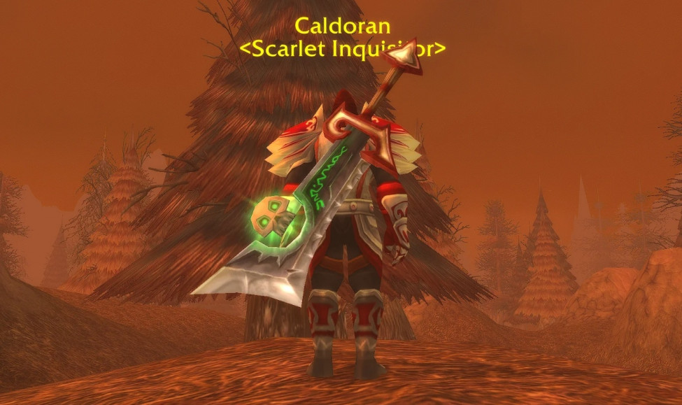Caldoran wearing the Corrupted Ashbringer on his back.