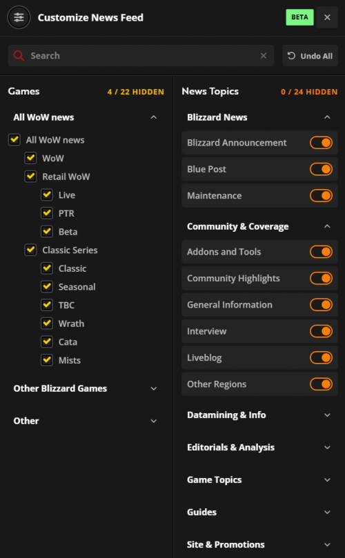 news filter interface
