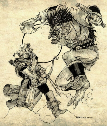 Chris Metzen's classic High Elf vs Troll artwork.