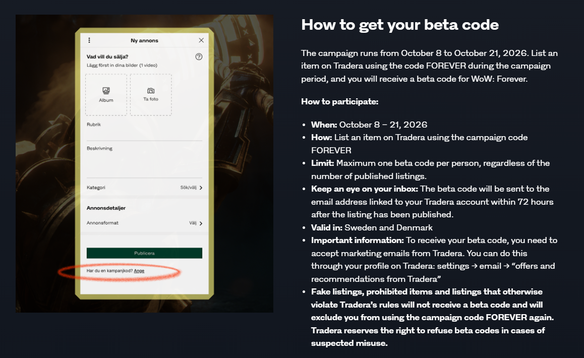 Tradera Free WoW Forever Beta Code Promotion
