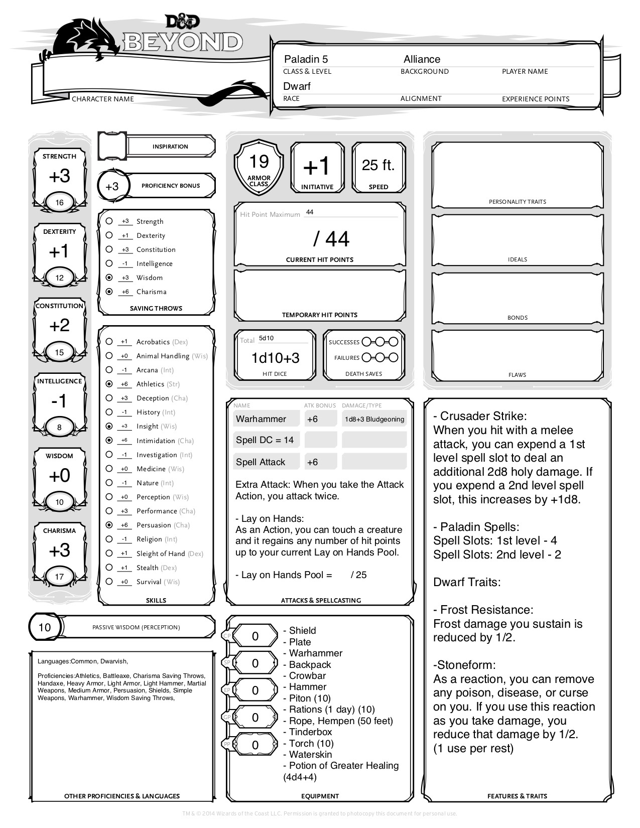 2nd Edition Dnd Character Sheet